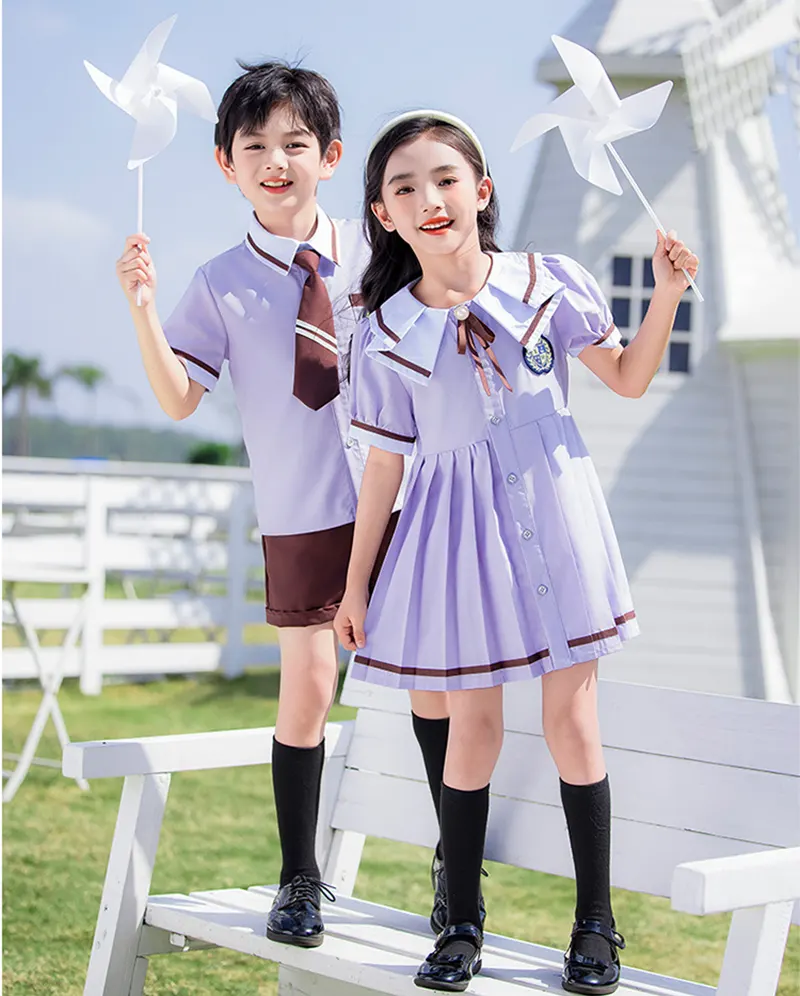 Kids Summer School Uniform Purple Short Sleeve Polo Shirt Kindergarten and Primary School Uniform British Style Performance Outfit Preppy Schoolwear