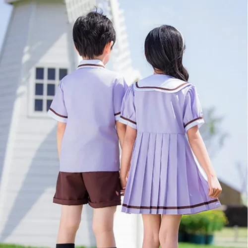 Kids Summer School Uniform Purple Short Sleeve Polo Shirt Kindergarten and Primary School Uniform British Style Performance Outfit Preppy Schoolwear