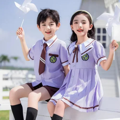Kids Summer School Uniform Purple Short Sleeve Polo Shirt Kindergarten and Primary School Uniform British Style Performance Outfit Preppy Schoolwear