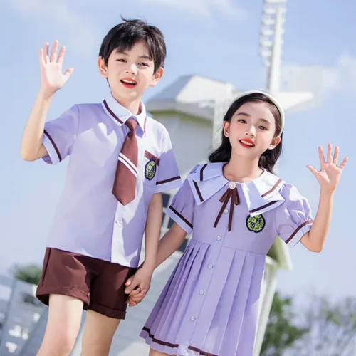 Kids Summer School Uniform Purple Short Sleeve Polo Shirt Kindergarten and Primary School Uniform British Style Performance Outfit Preppy Schoolwear